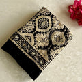 Ajrakh Handblock Printed Silk with Mirror Handwork Jet Black Saree With Antique Gold Motifs