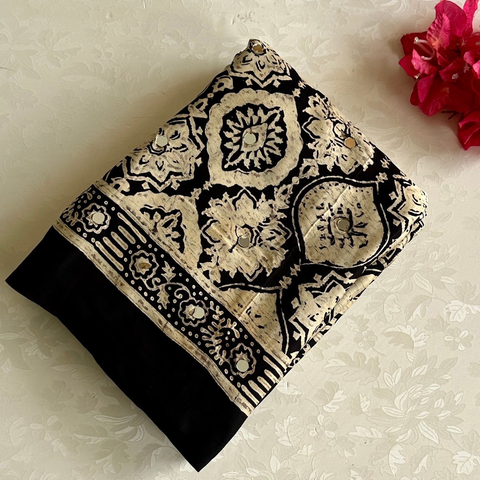 Ajrakh Handblock Printed Silk with Mirror Handwork Jet Black Saree With Antique Gold Motifs