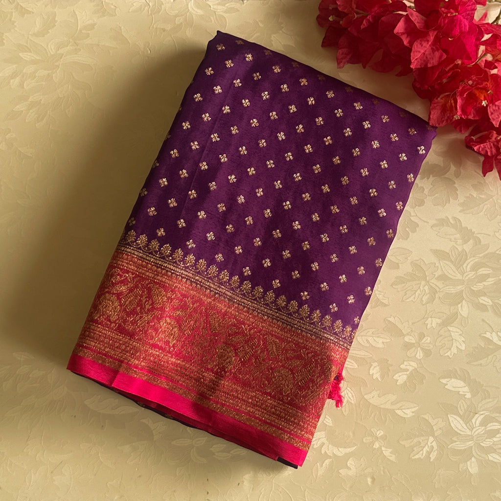 Royal Purple Magenta Silk Saree Gold Brocade Floral Wedding Attire