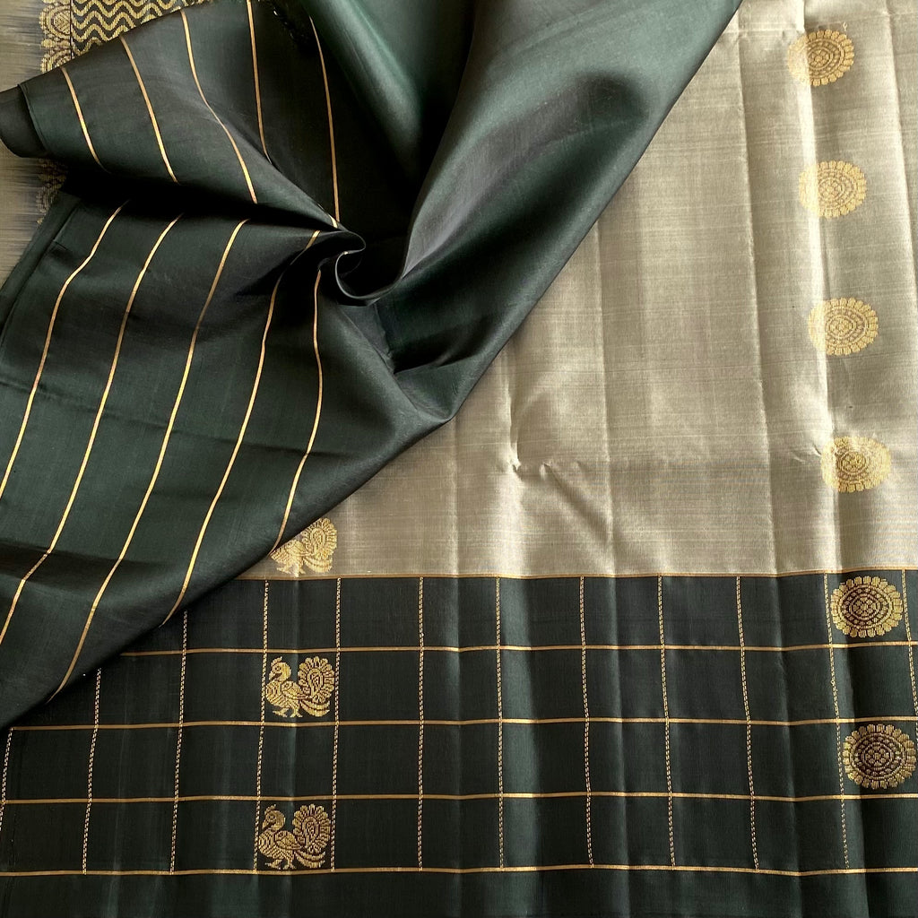 Silver Gray with Deepest Forest Green Designer Pure Silk Saree