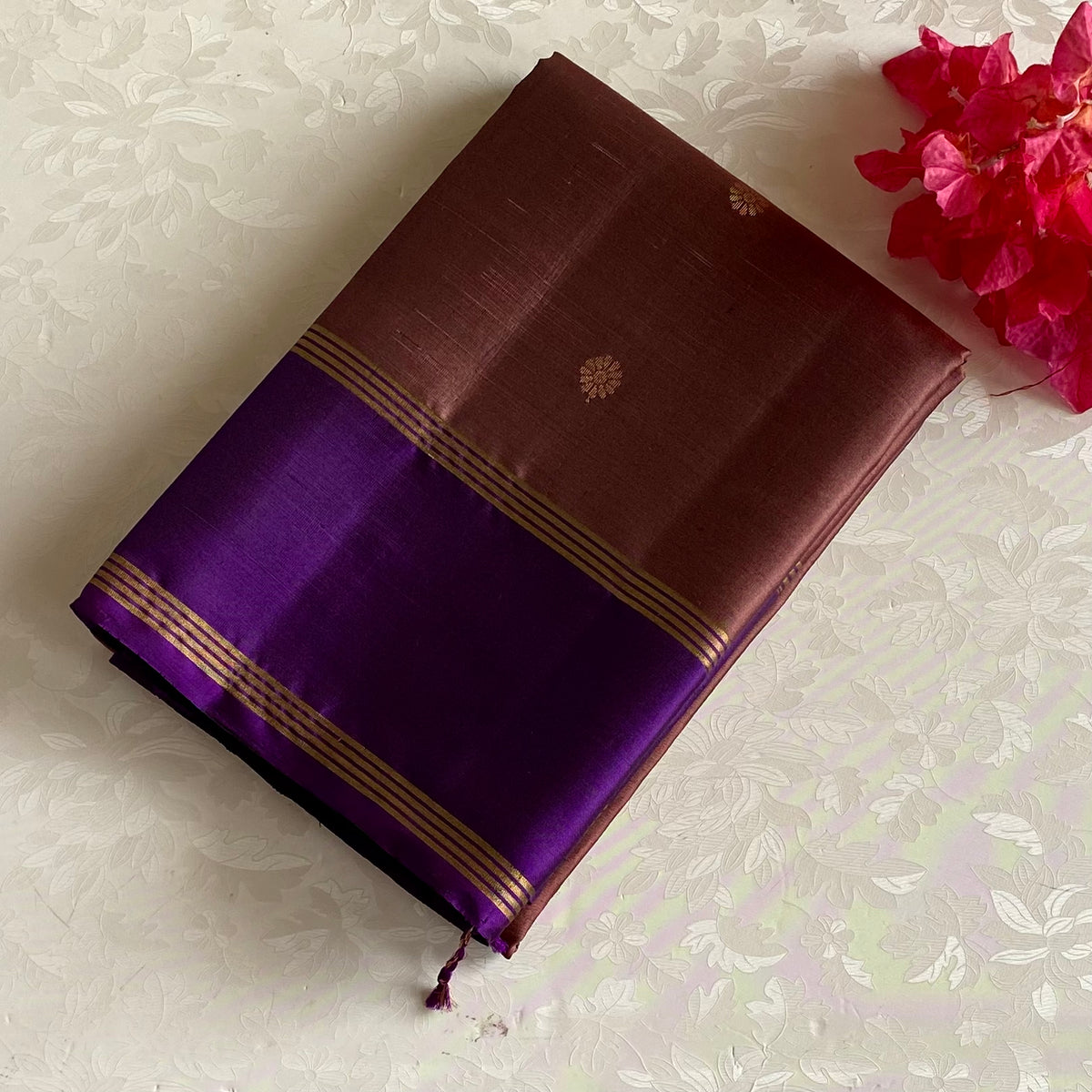 Burnt Copper Designer Pure Silk Saree With Royal Purple Contrast