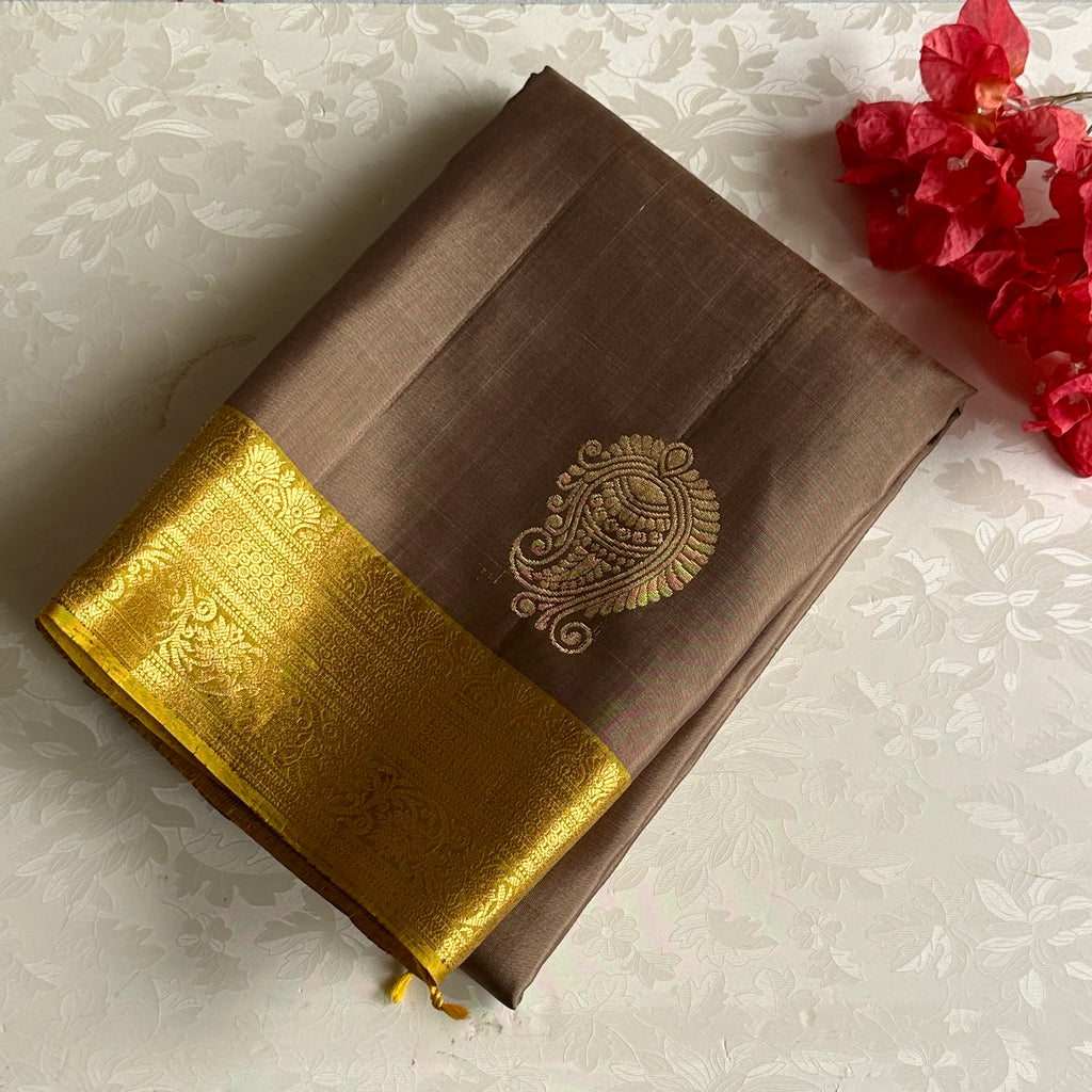 Greyish Beige Designer Pure Silk Saree With Mustard Yellow Pallu