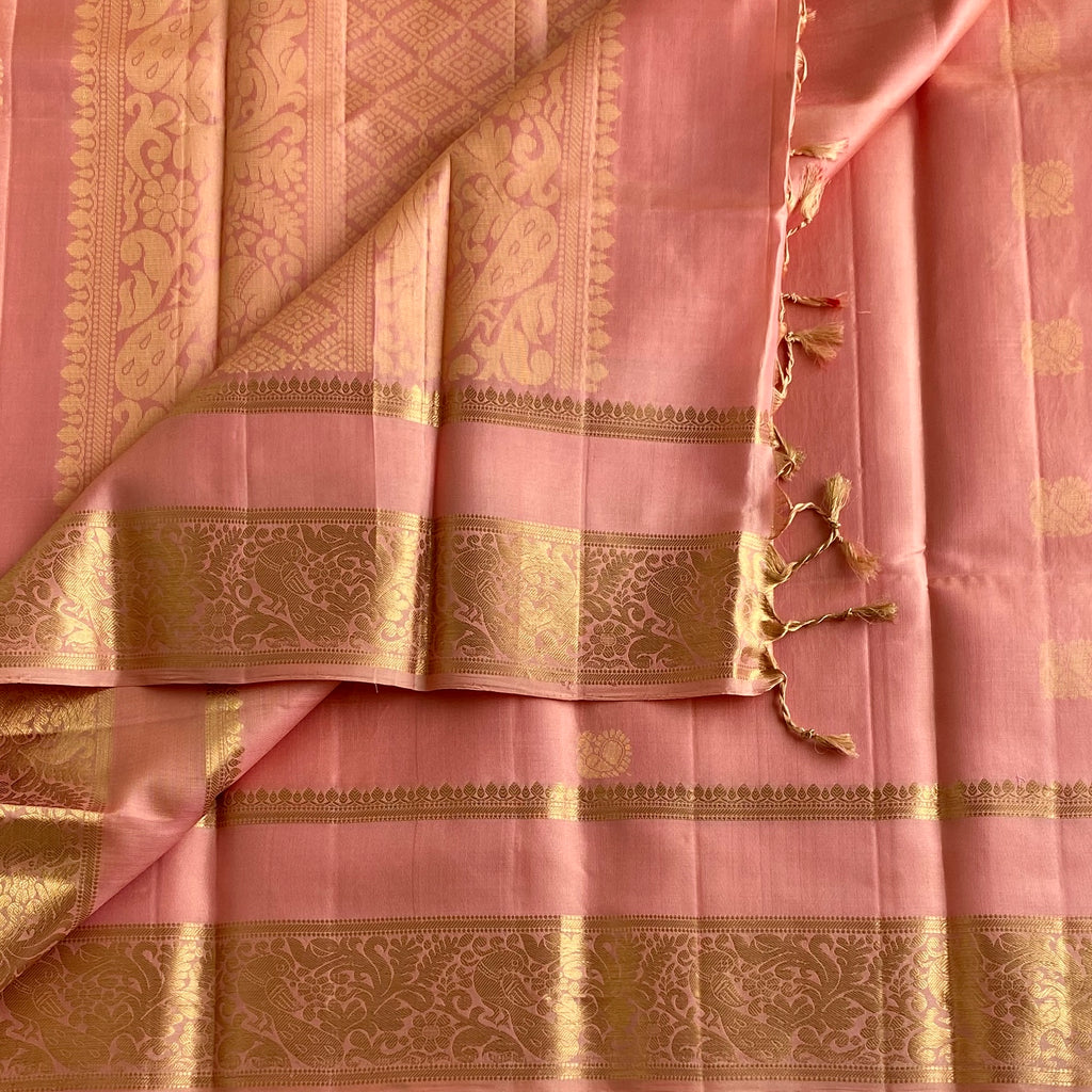 Dreamy Blush Pink Designer Pure Silk Saree With Antique Gold Zari