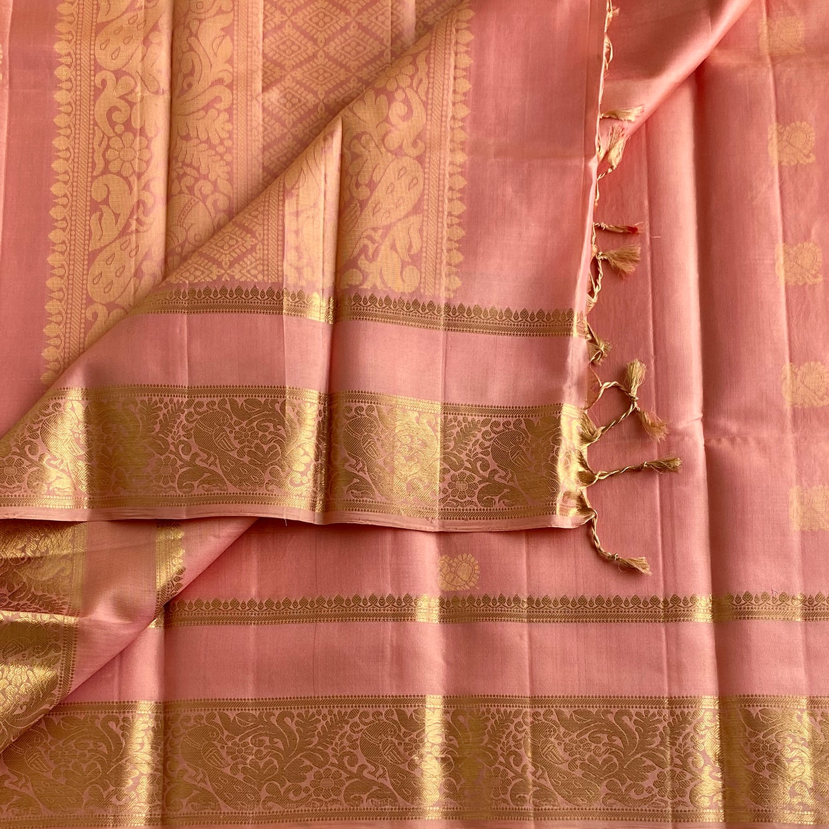 Dreamy Blush Pink Designer Pure Silk Saree With Antique Gold Zari
