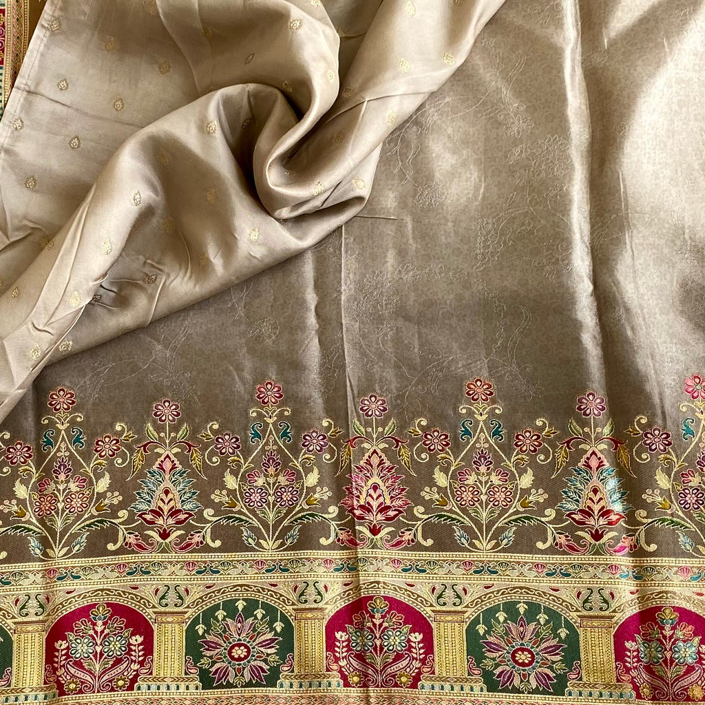 Stunner Grey Beige And Magenta Meenakari Soft Tussar Silk Saree With Paisley Panels