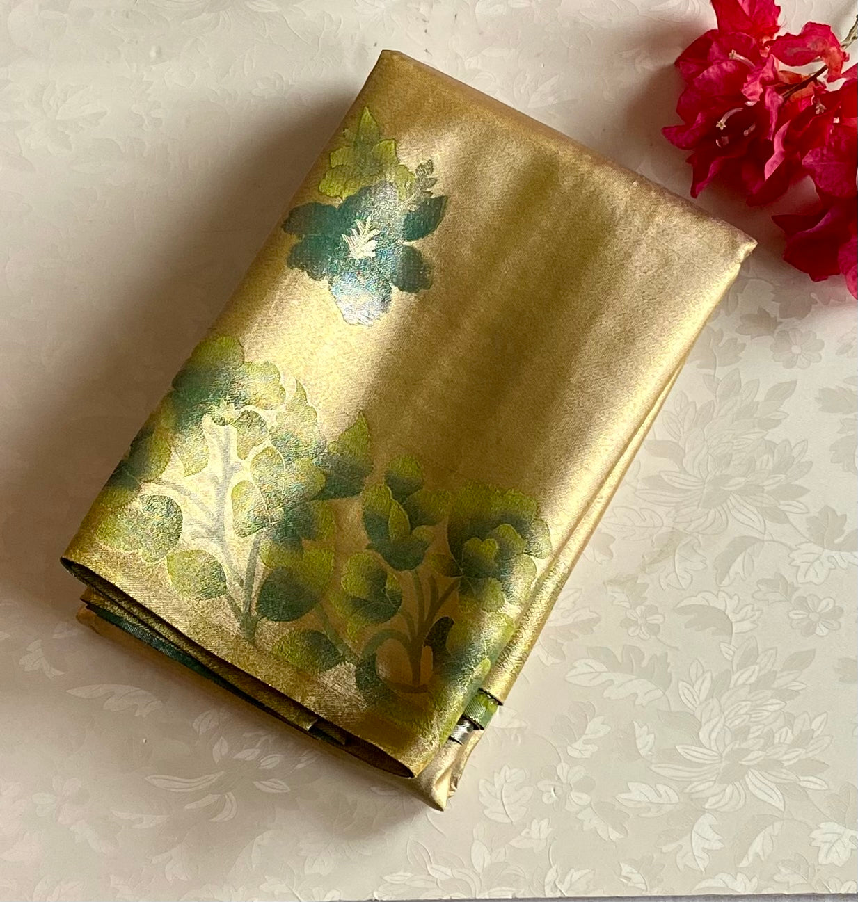 Champagne Gold Teal Paisley Silk Saree With Floral Zari Border