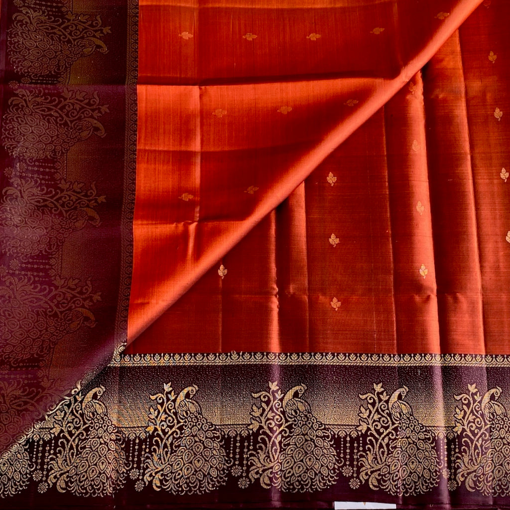 Burnt Orange Designer Pure Silk Saree With Deep Maroon Pallu