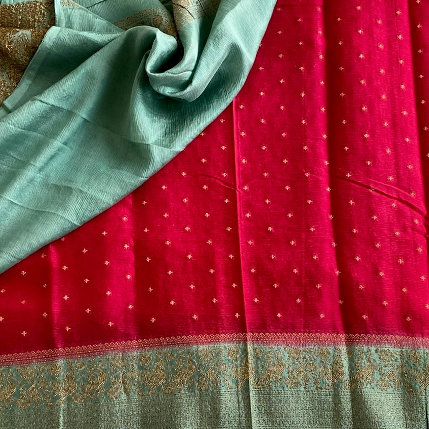 Rani Pink Soft Tussar Silk Saree With Aqua Green Pallu