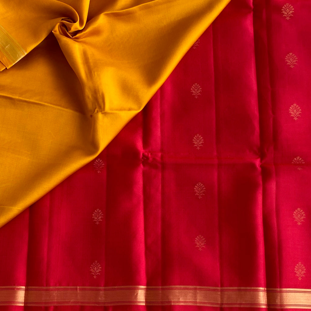 Cherry Reddish Pink Designer Pure Silk Saree With Mustard Gold Pallu