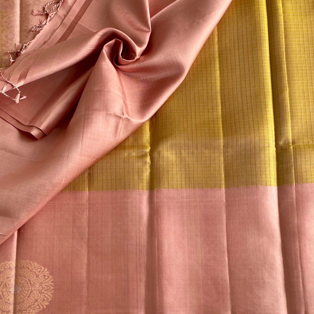 Light Pastel Olive & Dusty Rose Designer Pure Silk Saree With Antique Gold Accents