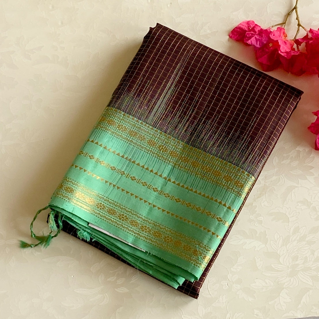 Mint Green Woven Silk Saree With Antique Gold Zari Border