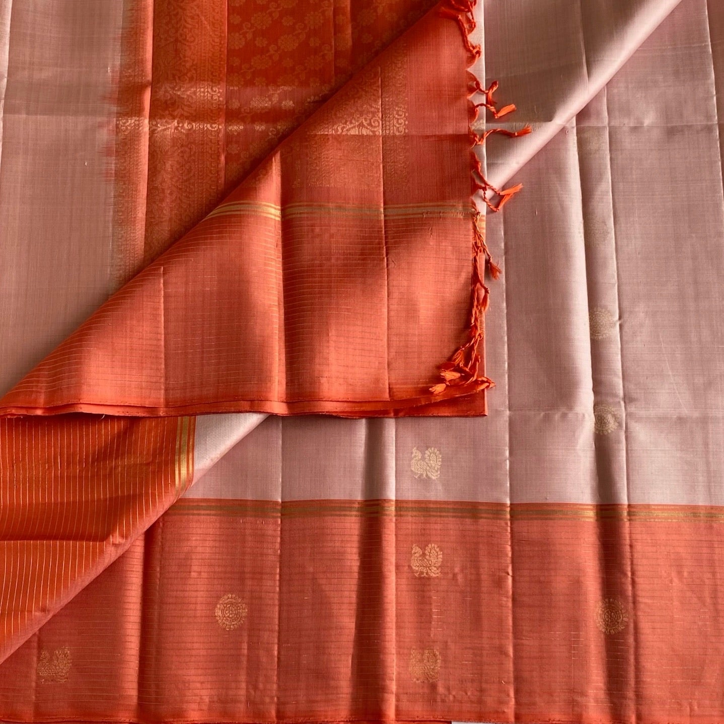 Burnt Orange Designer Pure Silk Saree With Dusty Rose Contrast