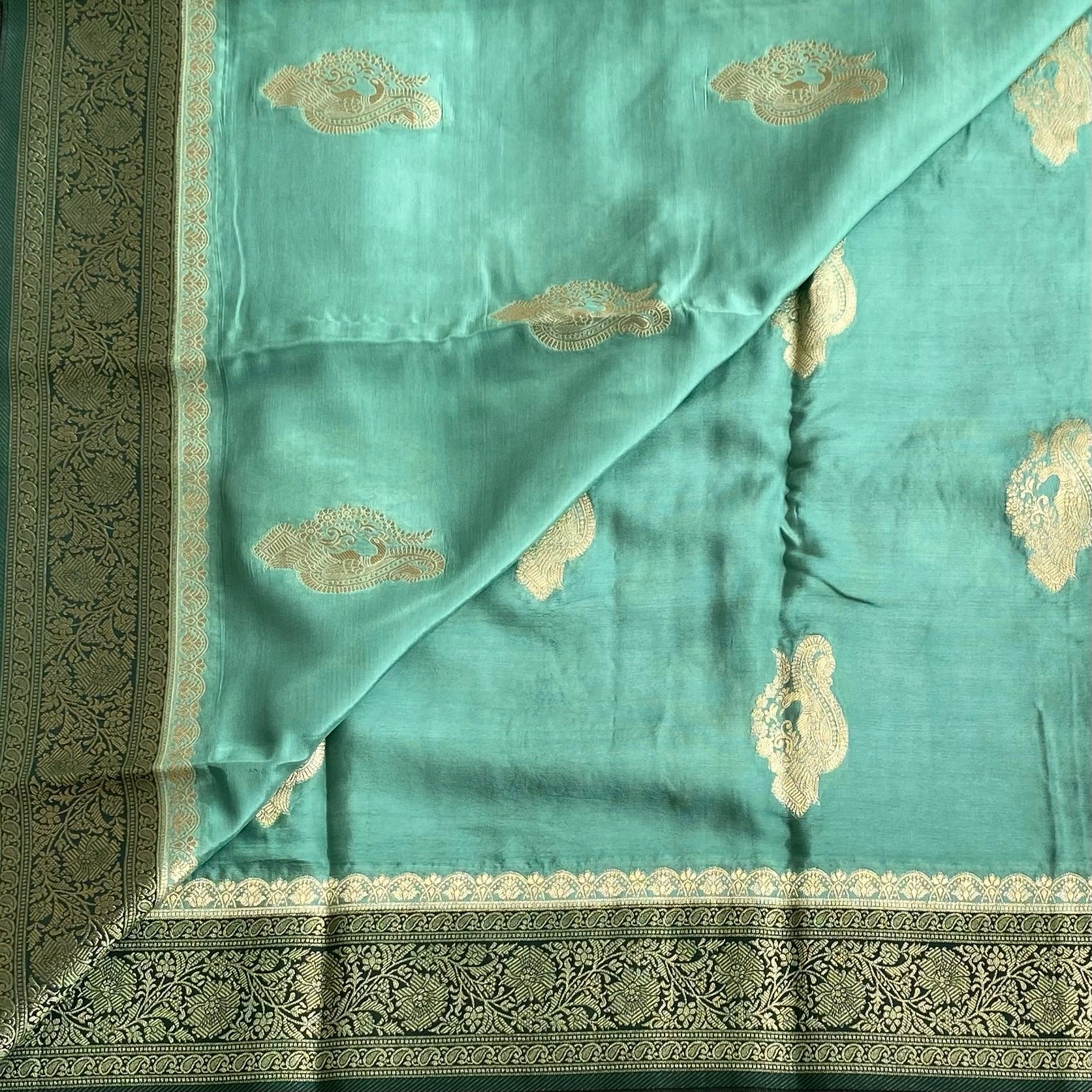 Mint Green Soft Crepe Silk Saree With Emerald Green Pallu Gold Zari