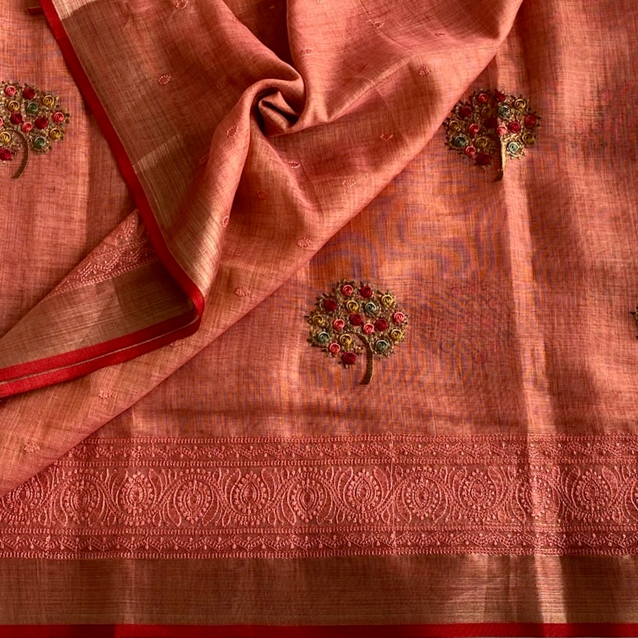 Peach Coral Soft Tussar Silk Saree With Scarlet Red Border