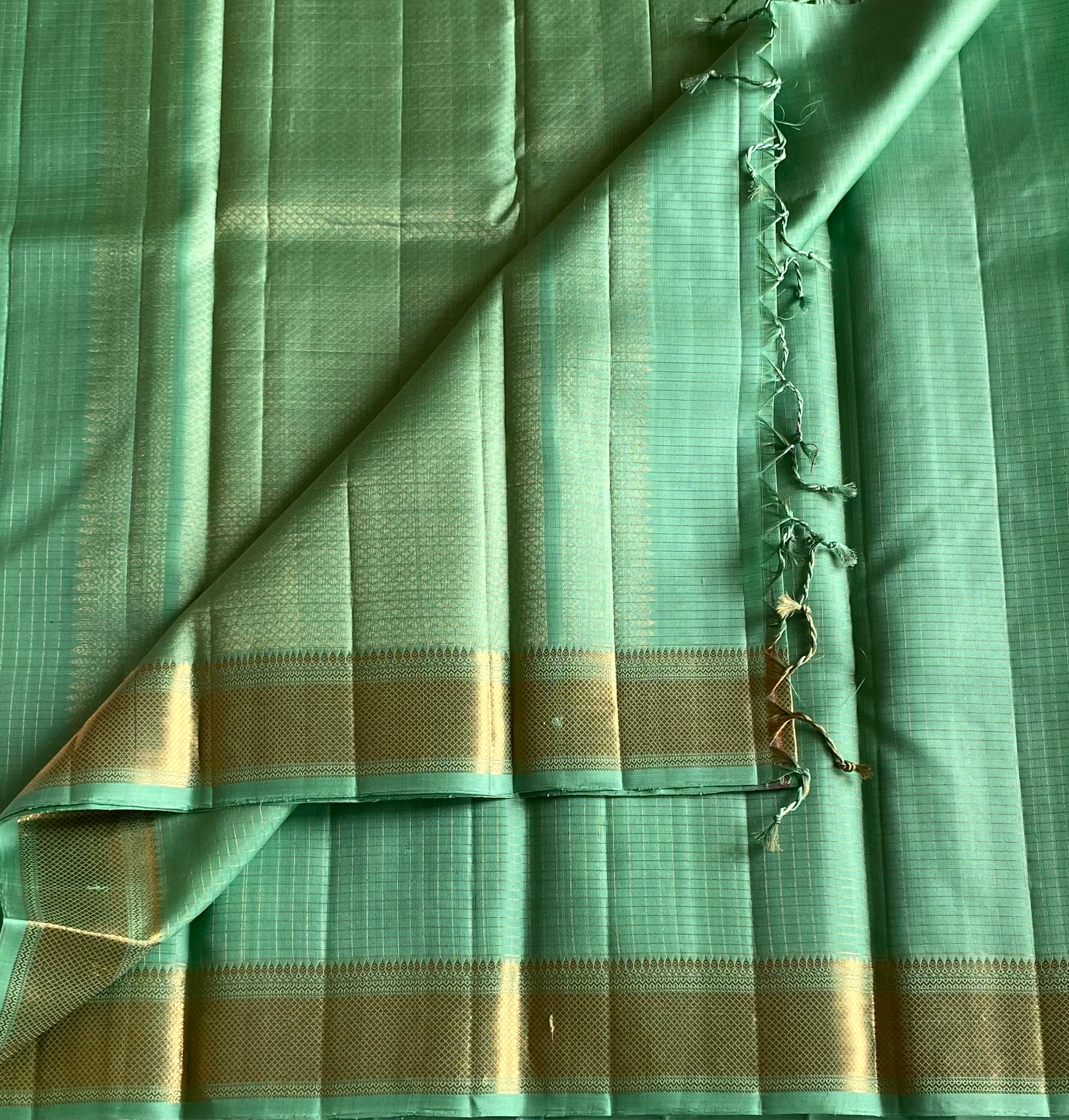Seafoam Green Woven Diamond Saree With Gold Border Tassel Pallu