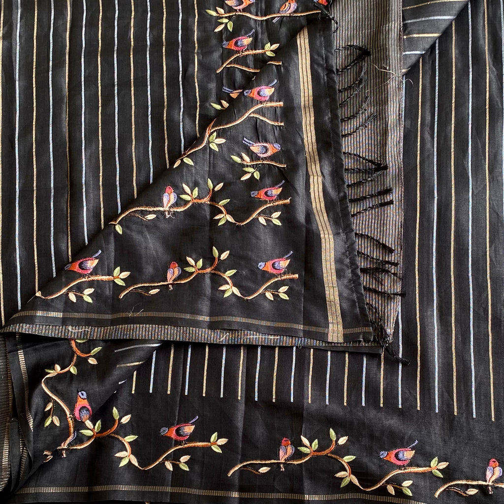 Jet Black Soft Tussar With Stripes & Designer Embroidered Borders