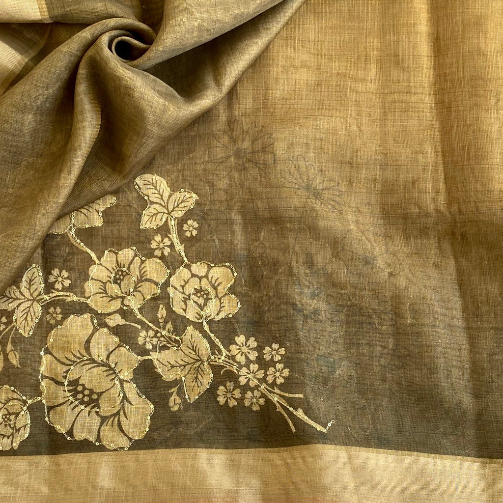Olive Brown Soft Linen Saree With Floral Gray Pallu
