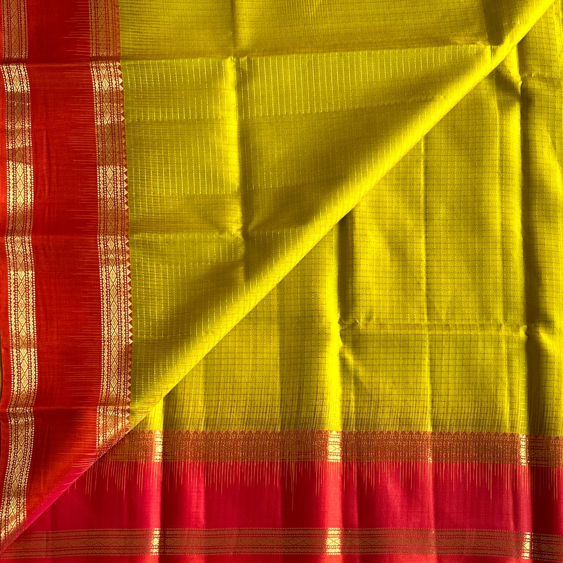 Deep Magenta And Chartreuse Silk Saree With Gold Zari Border