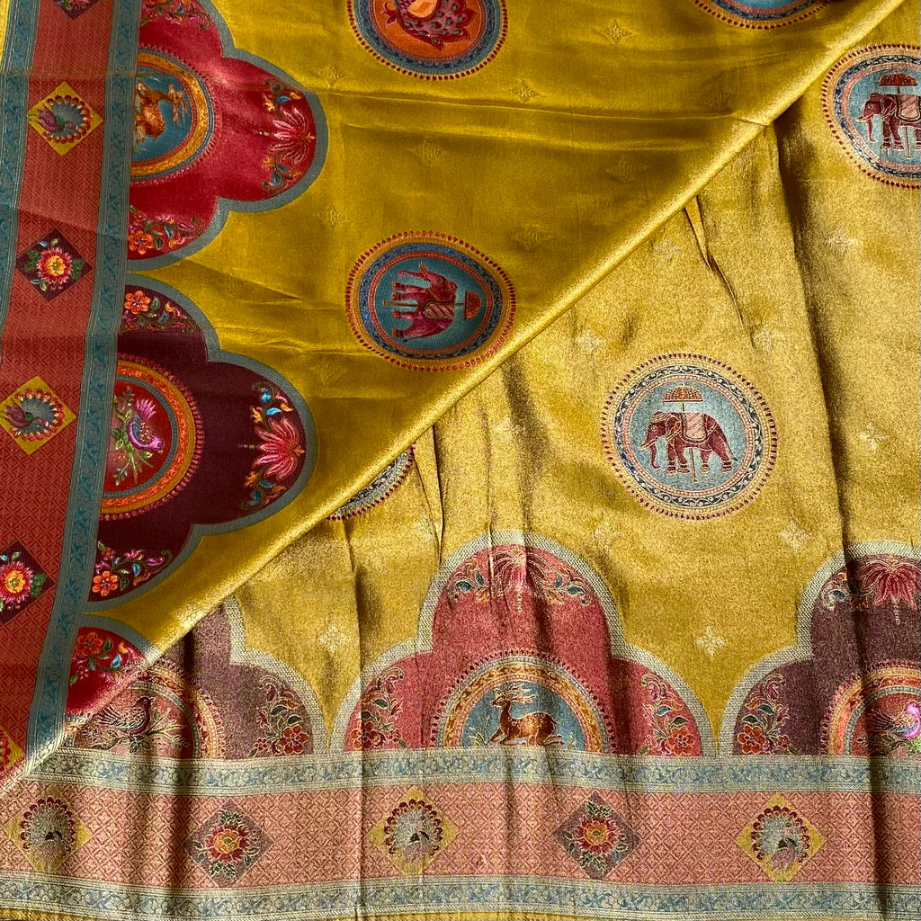 Mustard Yellow Dusty Rose Soft Tissue Silk Saree With Brocade Border