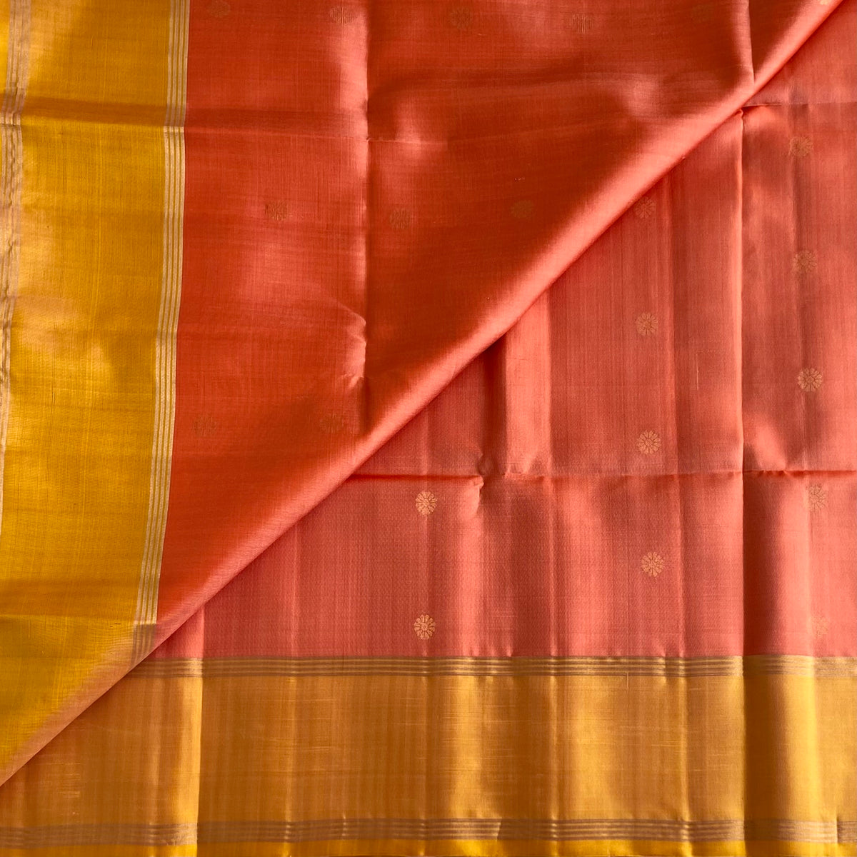 Dusty Peachish Rose Designer Pure Silk Saree With Mustard Yellow Pallu