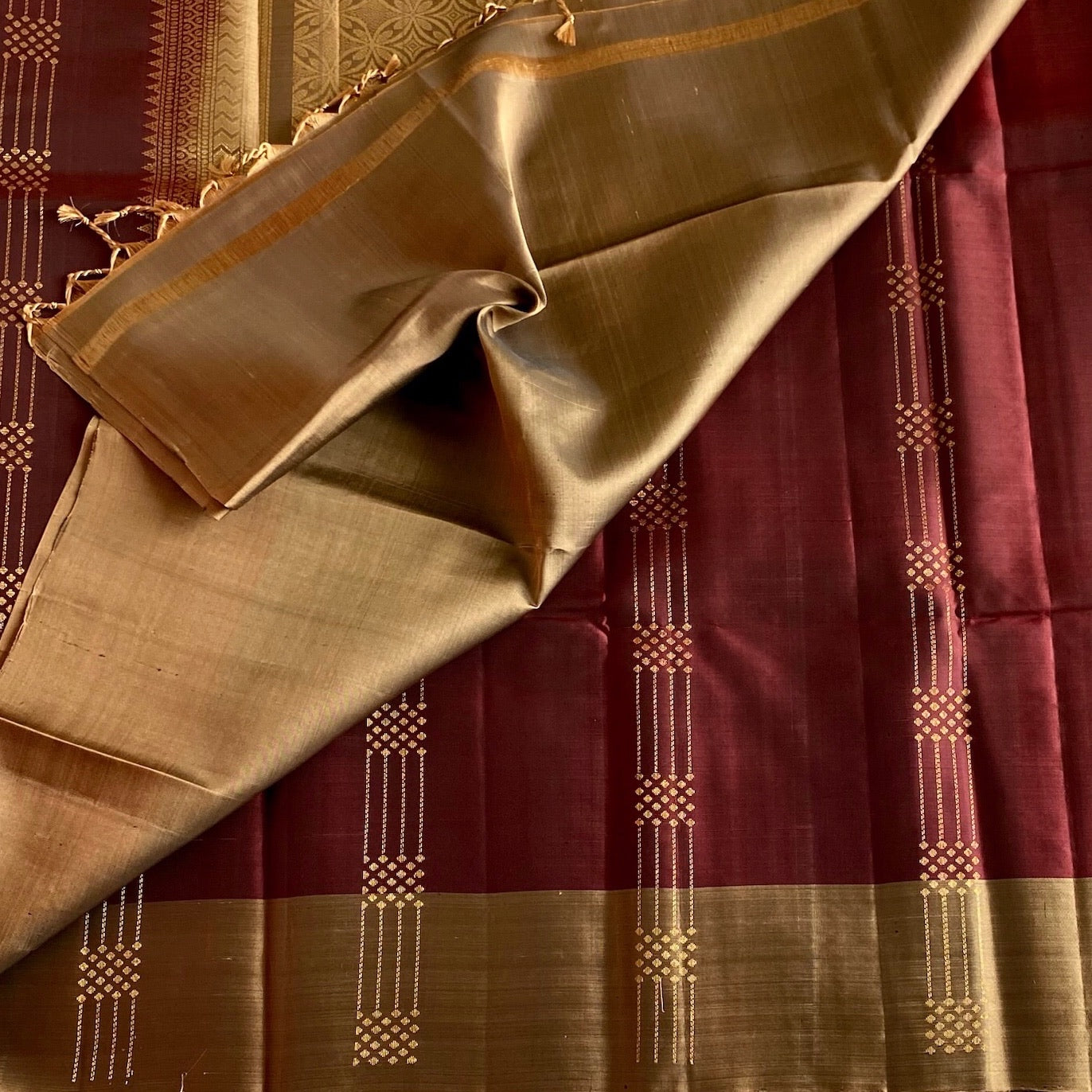 Antique Gold Designer Pure Silk Saree With Deep Maroon Pallu