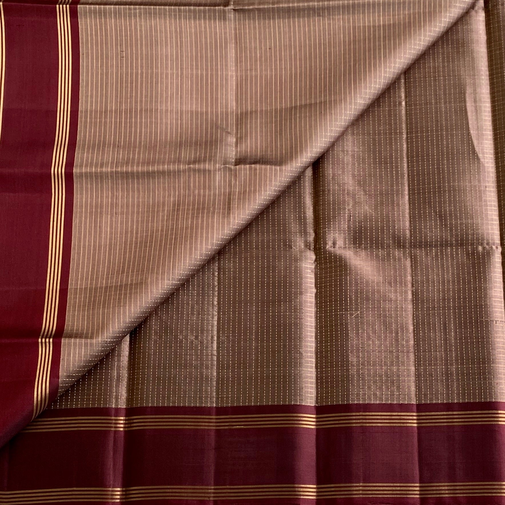 Dusty Mauve Designer Pure Silk Saree With Deep Maroon Pallu