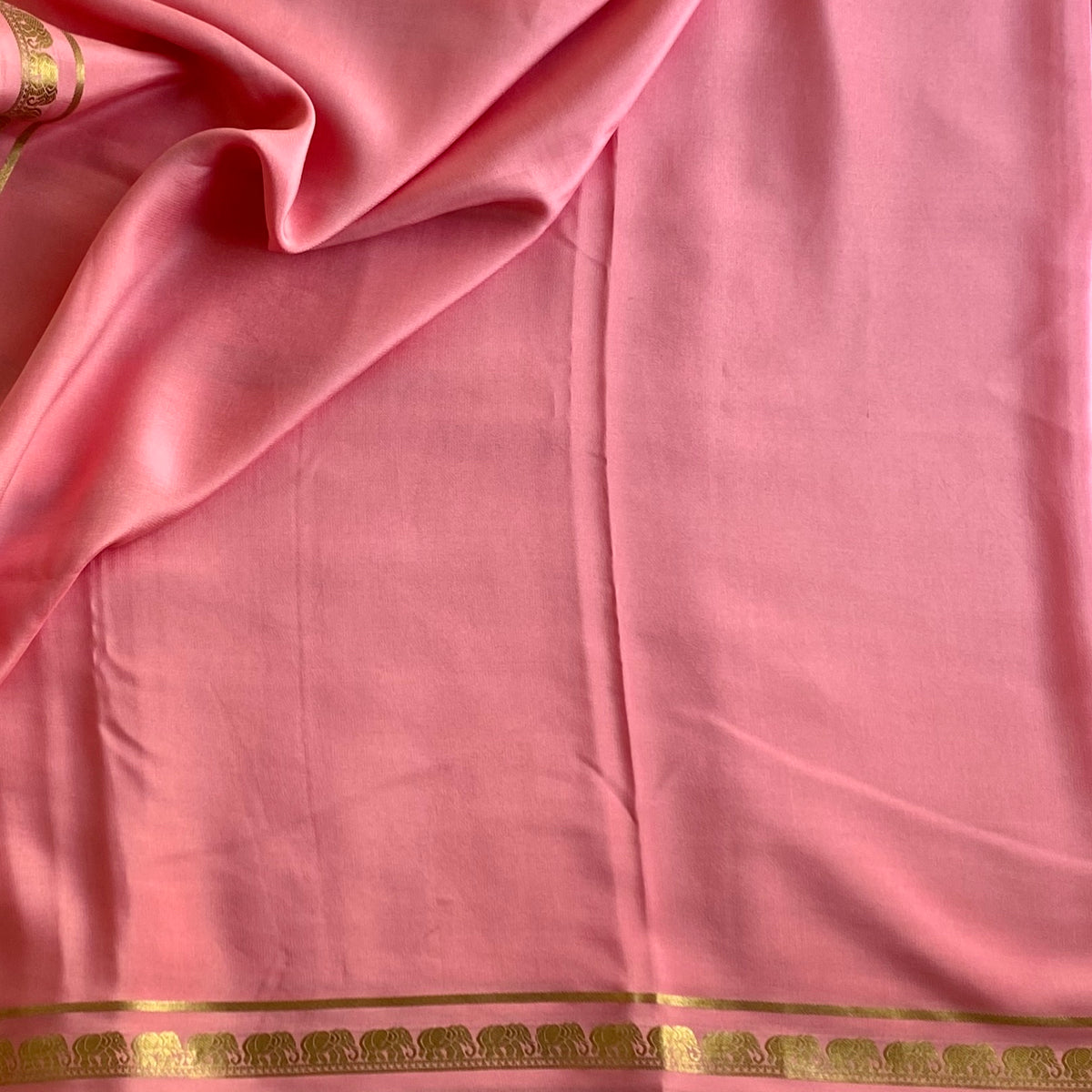 Light Rose Pink Mysore Crepe Silk Saree With Gold Elephant Border
