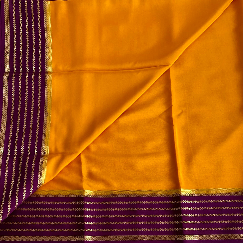 Marigold Yellow Mysore Crepe Silk Saree With Royal Purple Border