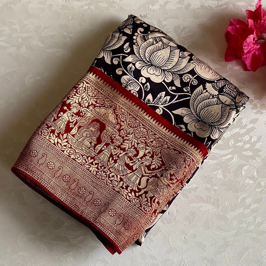 Jet Black Premium Kalamkari Soft Tussar Silk Saree With Antique Gold Deep Maroon Pallu