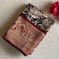Jet Black Premium Kalamkari Soft Tussar Silk Saree With Antique Gold Deep Maroon Pallu