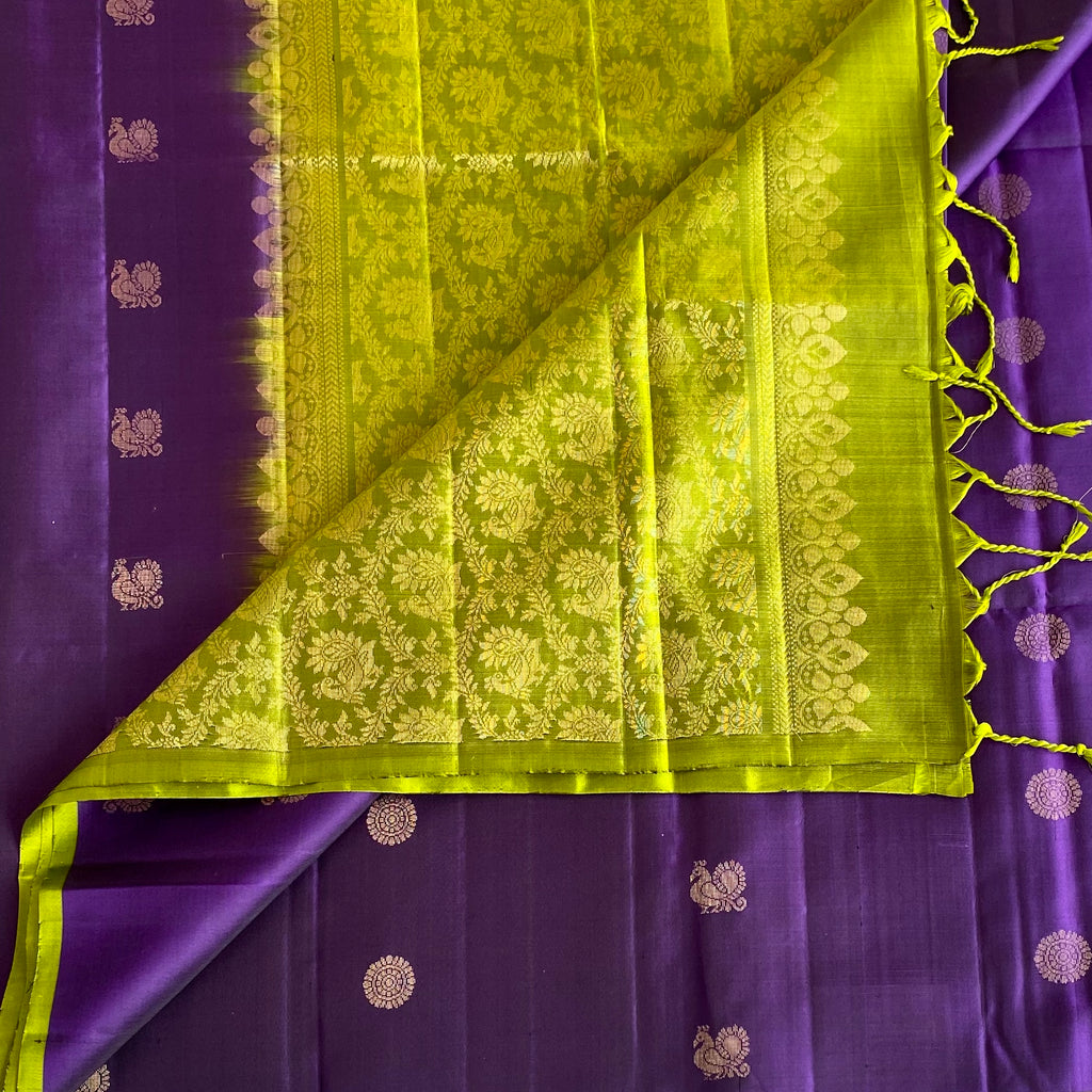 Royal Purple Designer Pure Silk Saree With Lime Green Pallu
