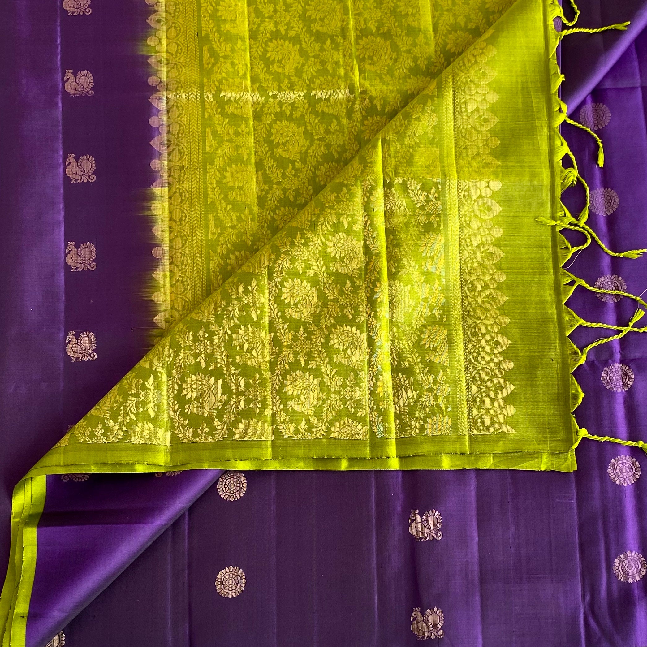 Royal Purple Designer Pure Silk Saree With Lime Green Pallu