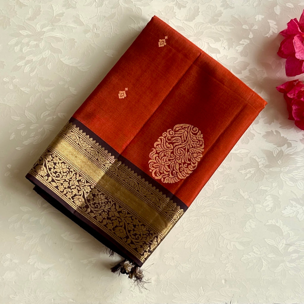 Maroon Rust Red Gold Zari Floral Saree Traditional Wedding Silk