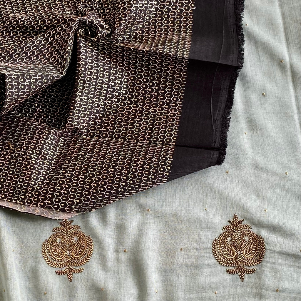 Sage Green Soft Jute Tussar Saree With Jet Black Embroidered Blouse