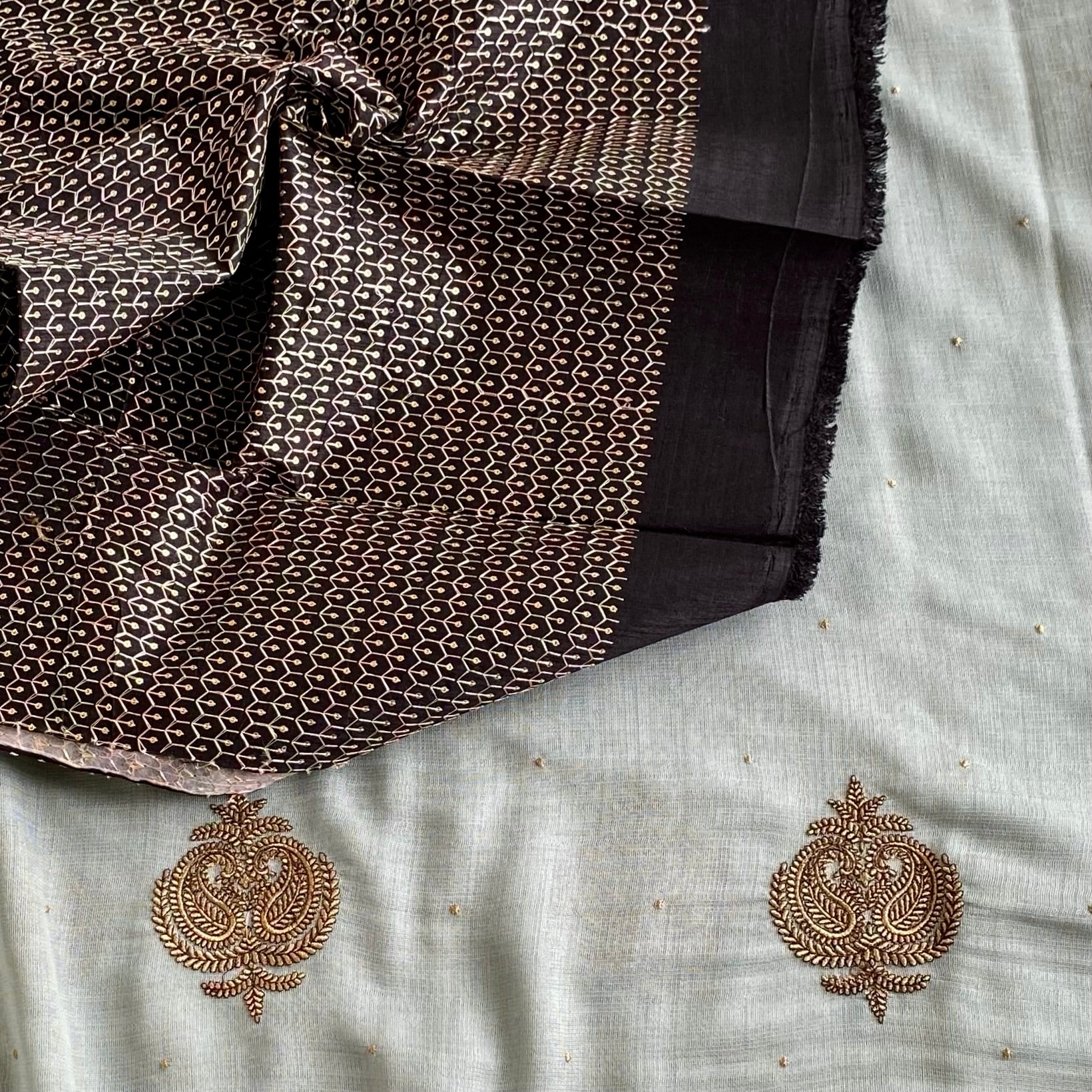 Sage Green Soft Jute Tussar Saree With Jet Black Embroidered Blouse