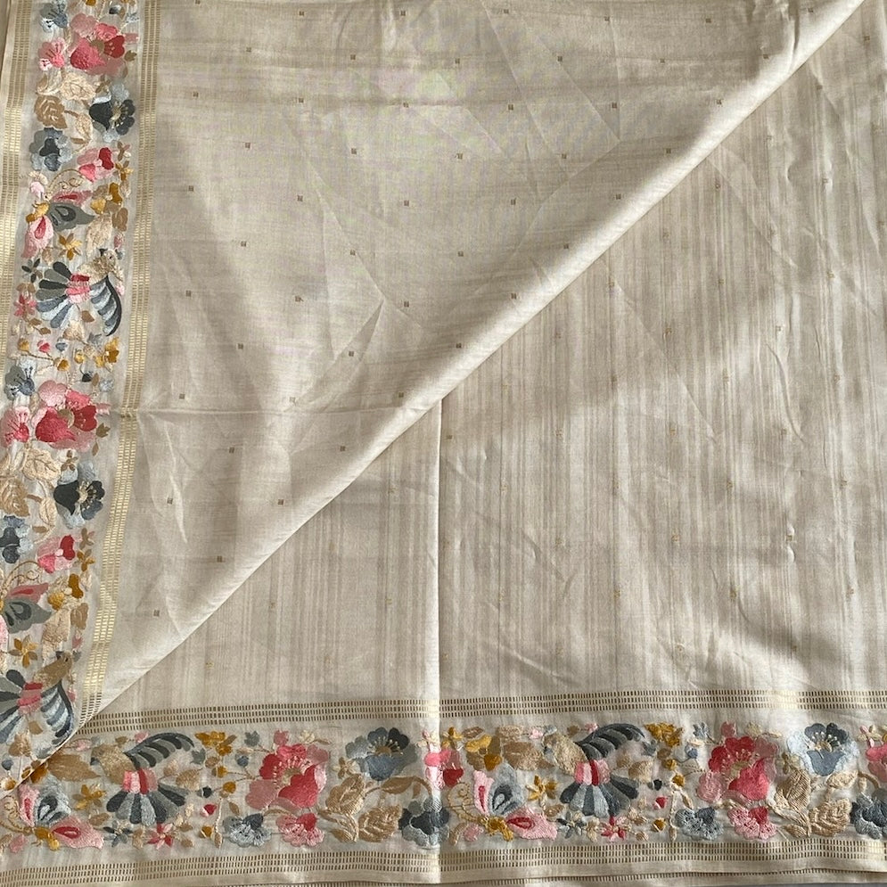 Pearl White Soft Tussar Silk Saree With Dusty Pink Floral Border
