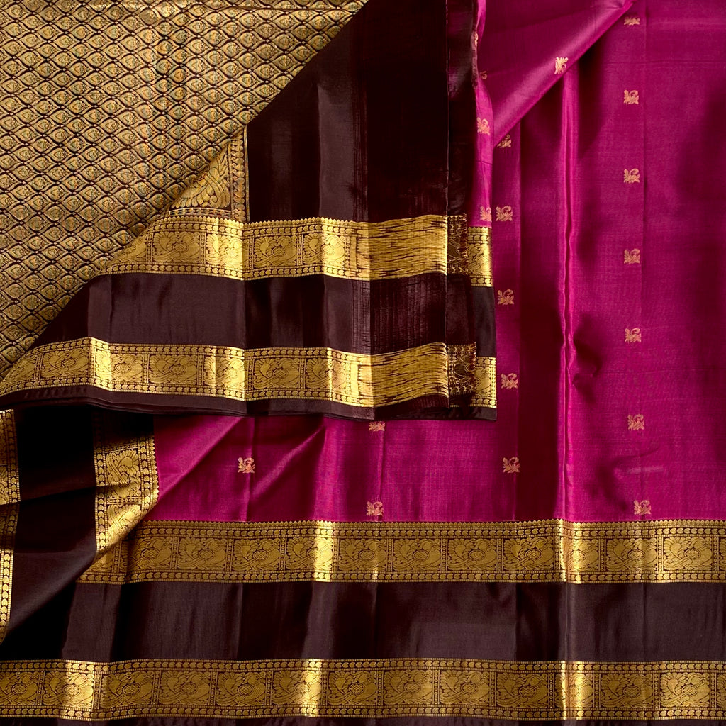 Deep Magenta Designer Pure Silk Wine Coffee Pallu Gold Zari