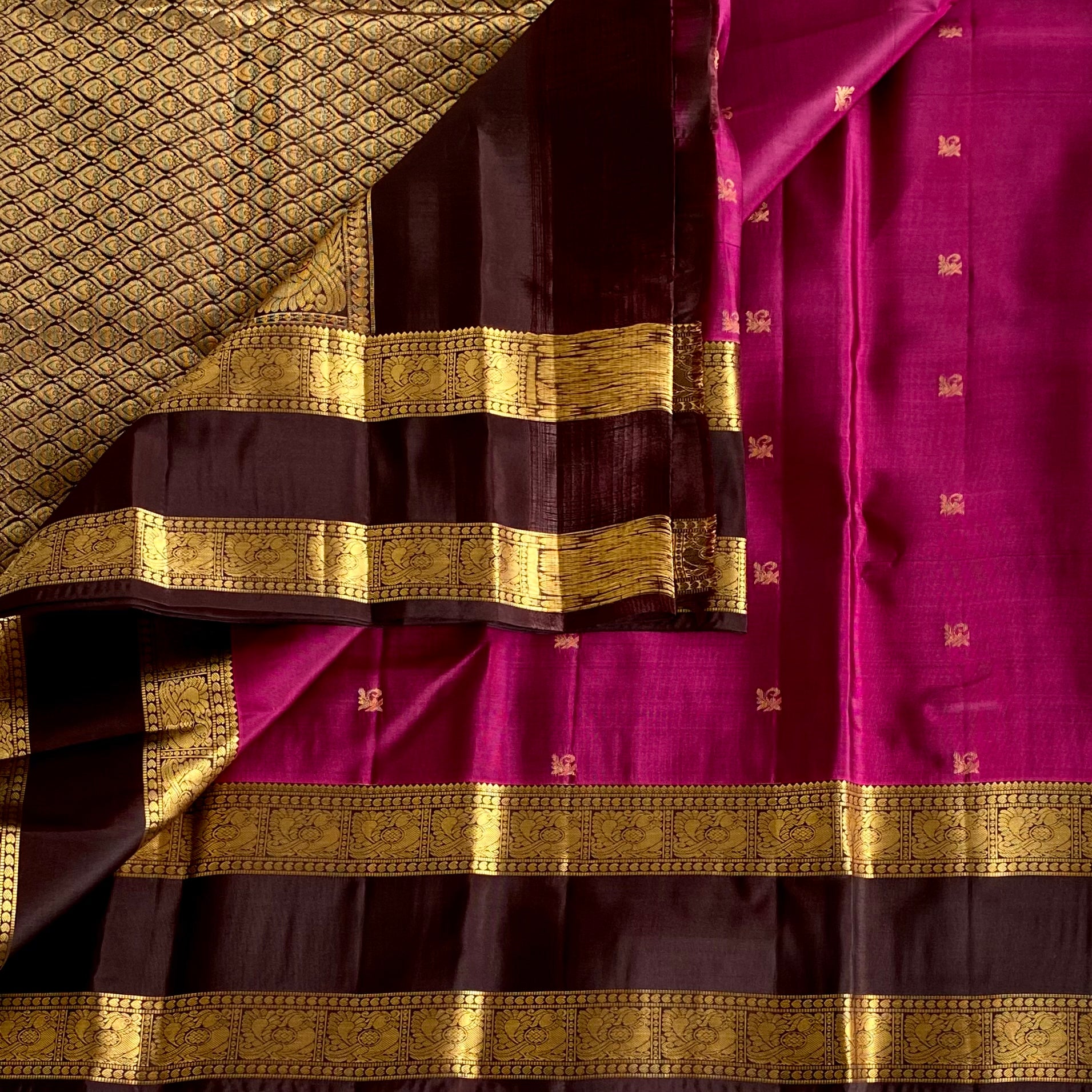 Deep Magenta Designer Pure Silk Wine Coffee Pallu Gold Zari