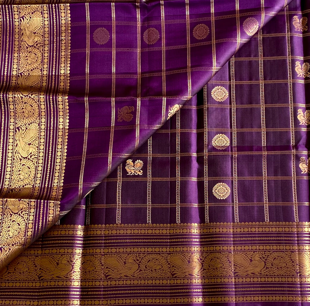 Royal Purple Silk Saree With Gold Zari Checkered Body Pallu