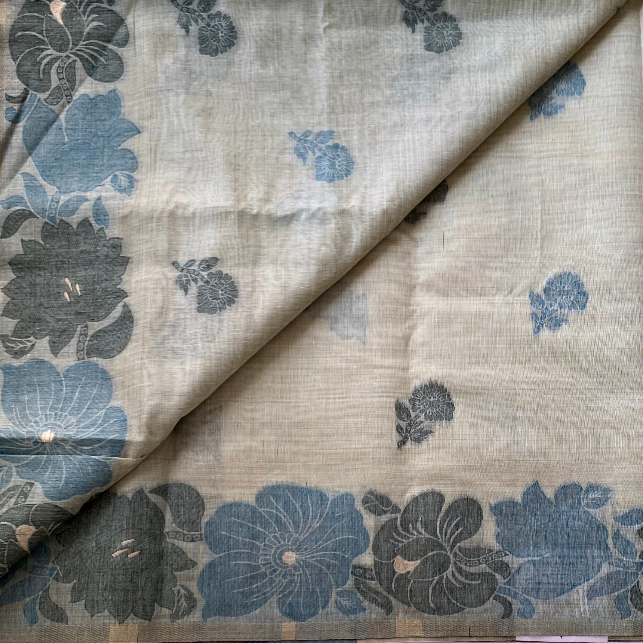 Elegant Sage Green Teal Floral Handloom Saree With Tassel Pallu