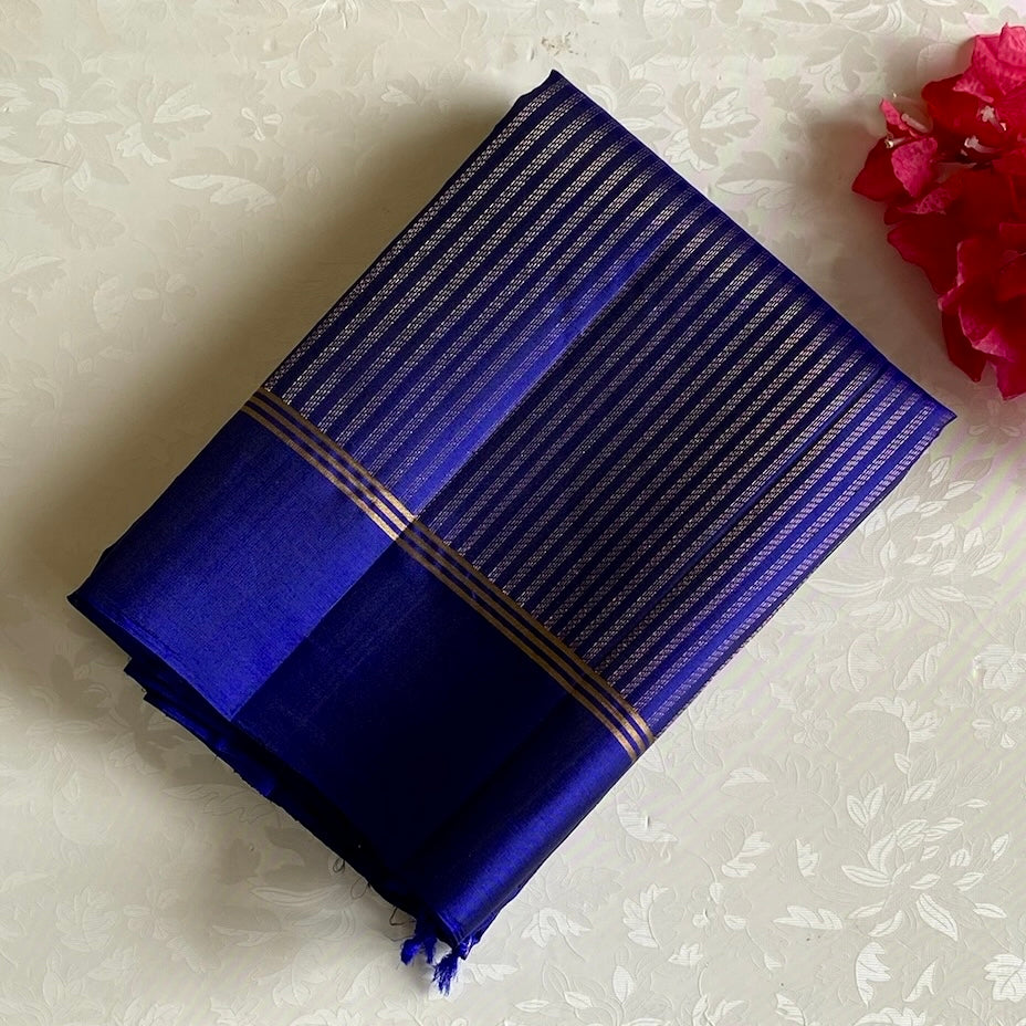 Royal Blue Designer Pure Silk Saree With Metallic Gold Zari Panels