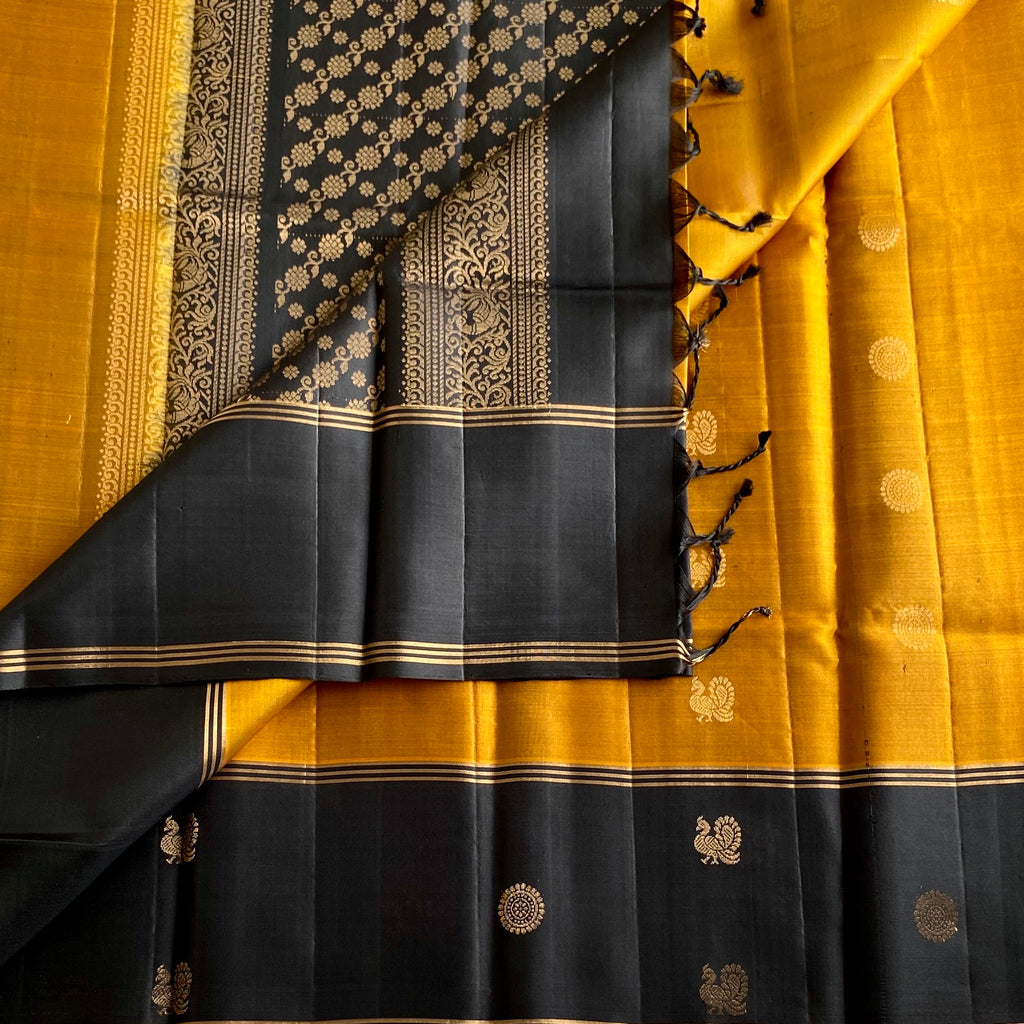 Mustard Gold Designer Pure Silk Saree With Jet Black Contrast