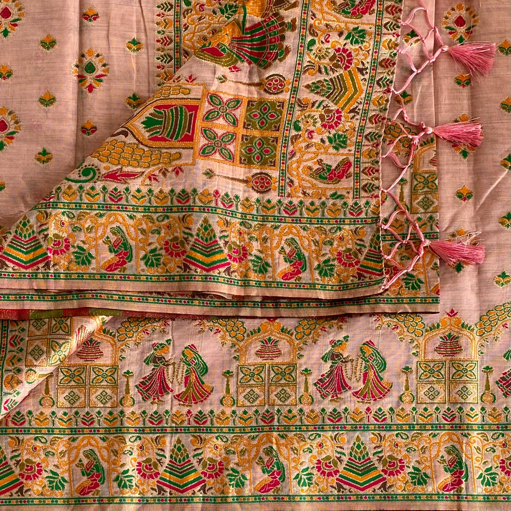 Blush Pink Soft Tussar Silk Saree With Emerald Green Accents