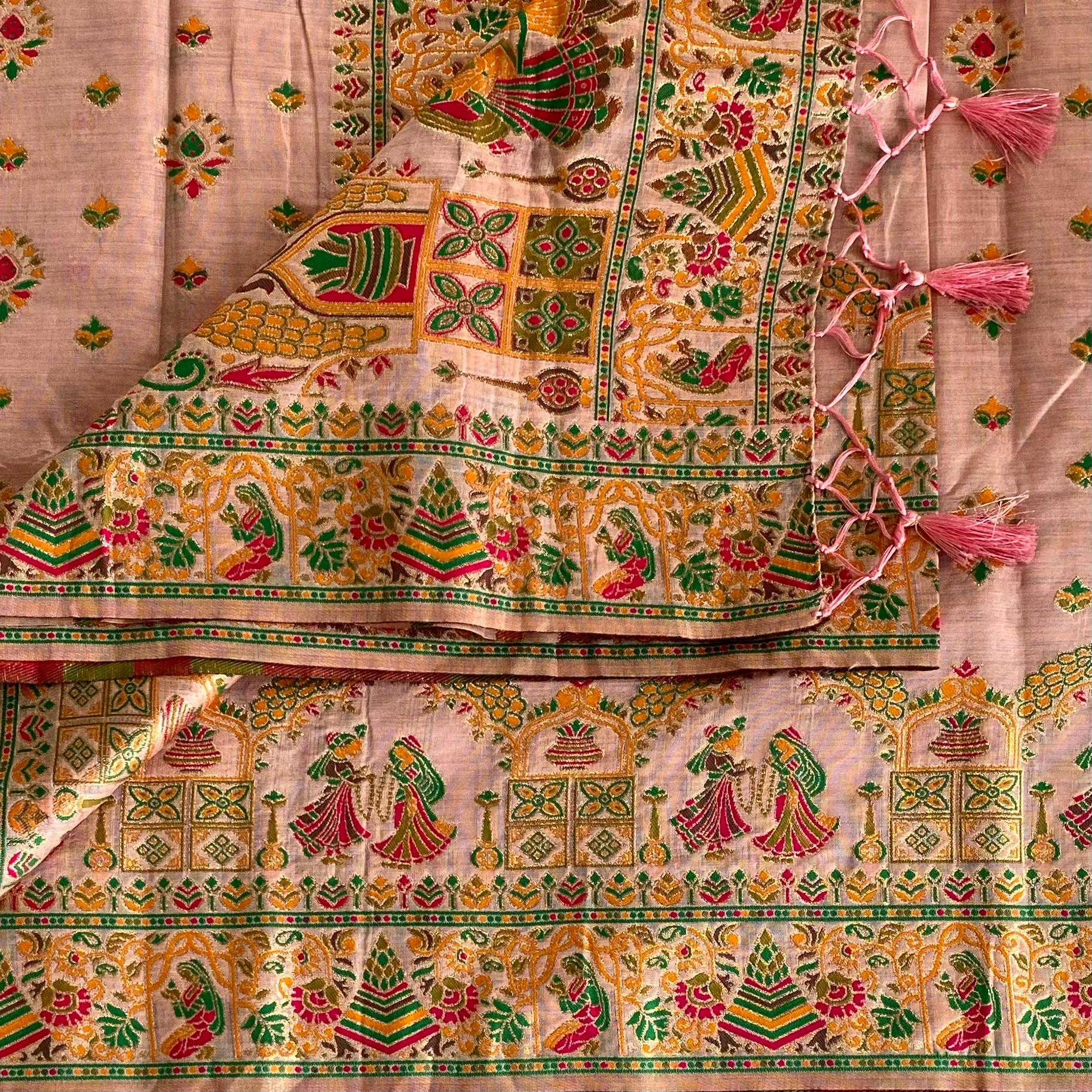 Blush Pink Soft Tussar Silk Saree With Emerald Green Accents