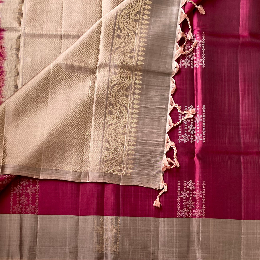 Deep Magenta Silk Saree Dusty Rose Pallu Floral Zari Border