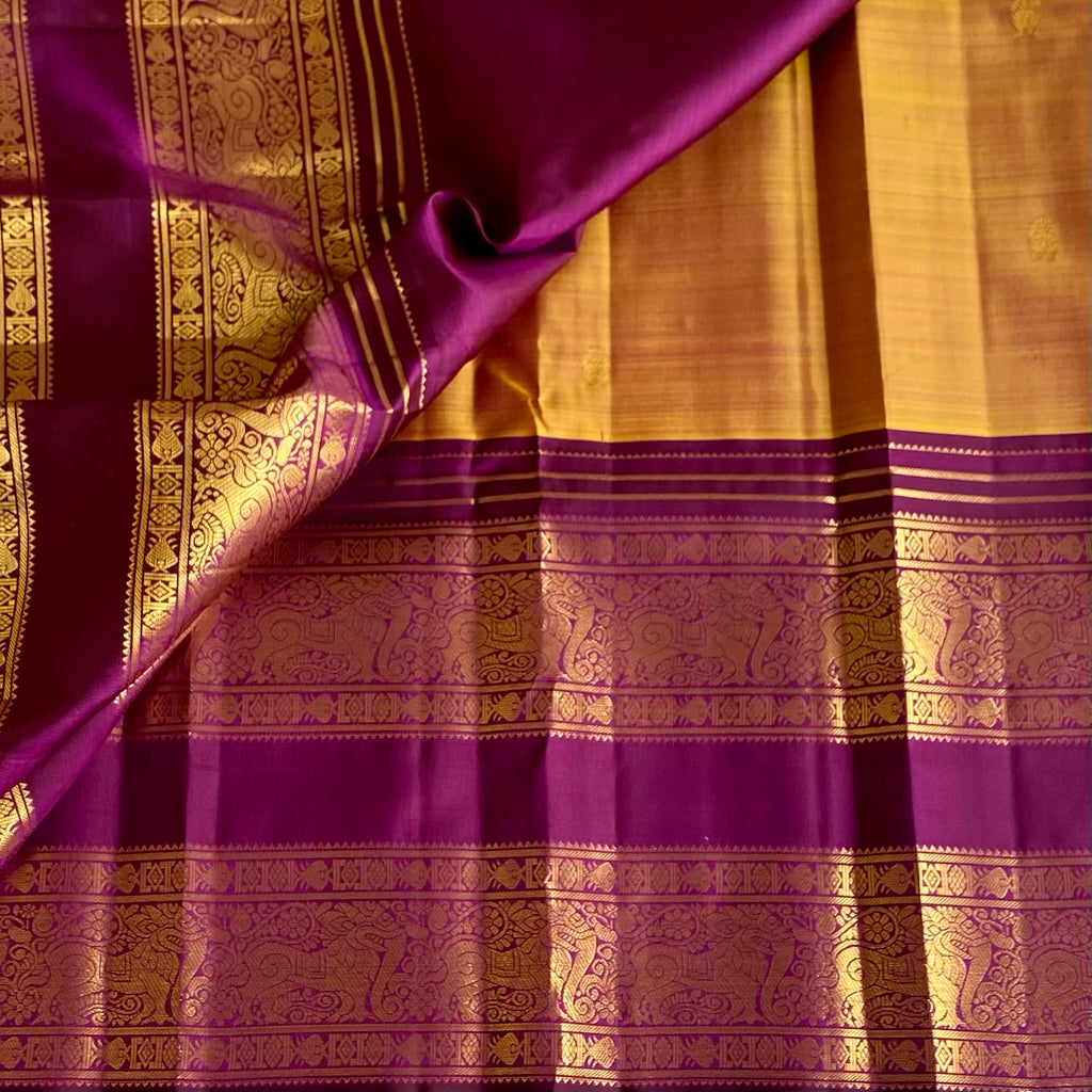 Dual Shaded Honey Gold With Lustrous Wine Purple Kanjeevaram Silk