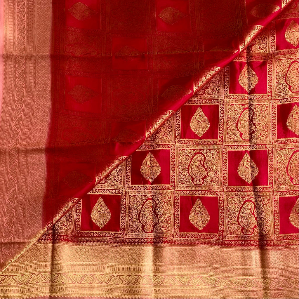Brocade Red & Gold Soft Crepe Silk Saree With Rose Pink Pallu