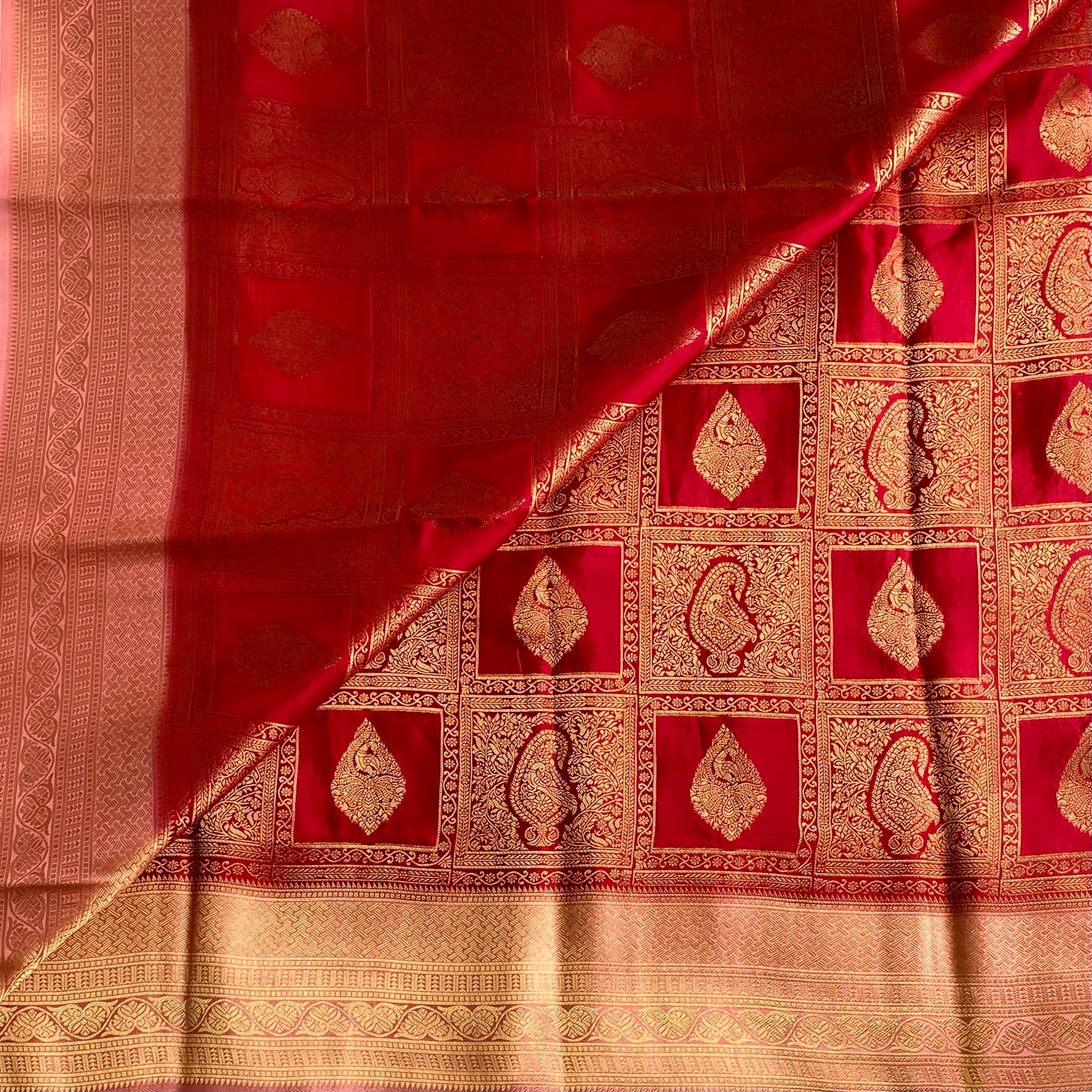 Brocade Red & Gold Soft Crepe Silk Saree With Rose Pink Pallu