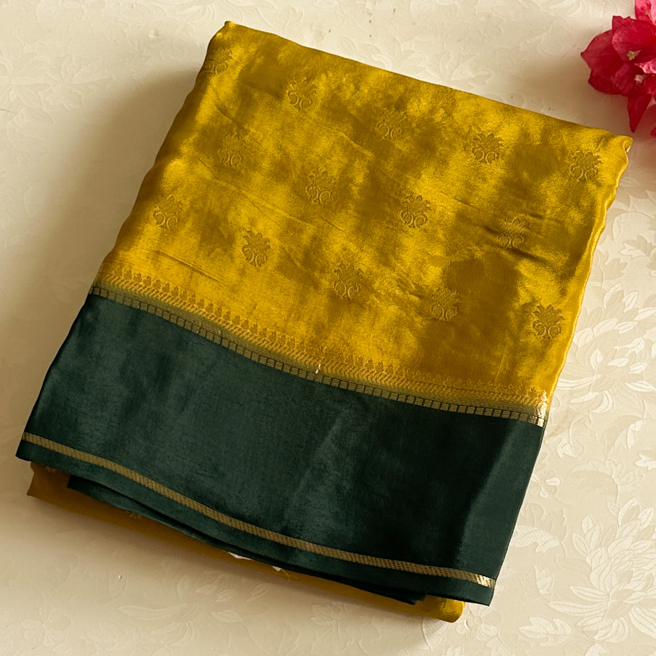 Elegant Mustard Silk Saree with Teal Border Gold Buta Work