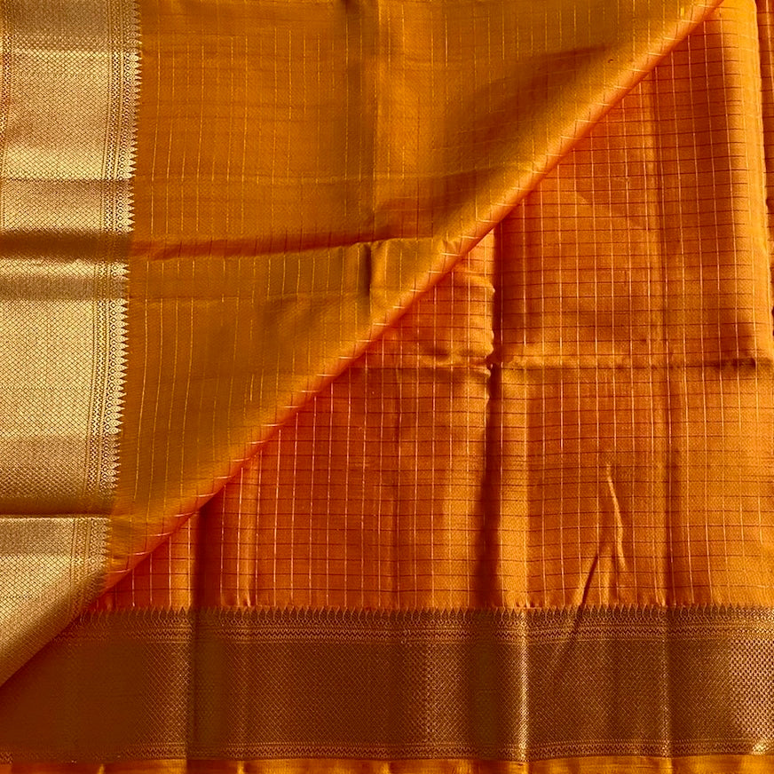 Tangerine Orange Micro Checkered Designer Pure Silk Saree With Metallic Gold Pallu